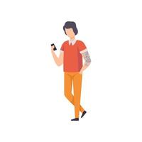 Young Man Wearing Casual Clothes with Smartphone, Guy Having Tattoo on His Arms Illustration vector