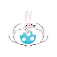 Cute White Easter Bunny Sitting in Egg Shell, Funny Rabbit Cartoon Character with Willow Twigs Illustration vector