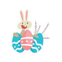 Cute White Easter Bunny with Colorful Eggs, Funny Rabbit Cartoon Character with Willow Twigs Illustration vector