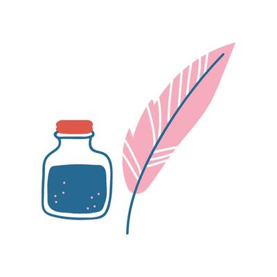 Guill Feather Pen and Inkwell, Retro Stationery Illustration