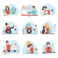 Blogging and Vlogging Set, People Demonstrating their Skills Through Internet, Bloggers Talking about Poetry, Cookery, Needlework, Construction, Travel Illustration vector