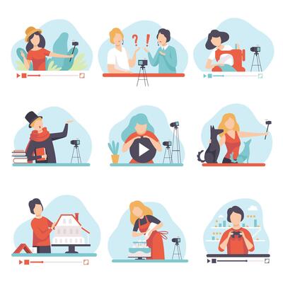 Blogging and Vlogging Set, People Demonstrating their Skills Through Internet, Bloggers Talking about Poetry, Cookery, Needlework, Construction, Travel Illustration