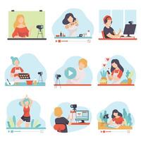 Blogging and Vlogging Set, People Bloggers Demonstrating their Skills Through Internet Illustration vector