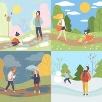 Four Seasons Set, Winter, Spring, Summer and Autumn, People Enjoying Different Weather in Nature Illustration vector