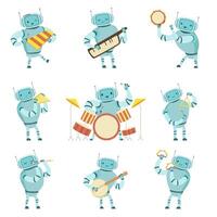 Robots Musicians Playing Musical Instruments Set, Robot Playing Xylophone, Harmonica, Tambourine, Triangle, Flute, Drum Illustration vector