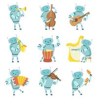 Robots Musicians Playing Musical Instruments Set, Robot Playing Cello, Guitar, Saxophone, Drum, Harp, Accordion, Violin, Maracas Illustration vector