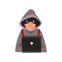 Hacker in Hoodie and Black Mask Stealing Information From Laptop, Internet Crime, Computer Security Technology Cartoon Illustration vector