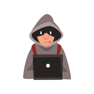 Hacker in Hoodie and Black Mask Stealing Information From Laptop, Internet Crime, Computer Security Technology Cartoon Illustration