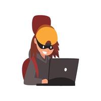 Female Hacker Stealing Information From Laptop, Internet Crime, Computer Security Technology Cartoon Illustration vector