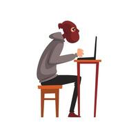 Hacker in Disguise Sitting at Desktop and Working on Laptop, Internet Crime, Computer Security Technology Cartoon Illustration vector