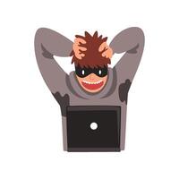 Hacker in Black Mask with Laptop, Internet Crime, Computer Security Technology Cartoon Illustration vector