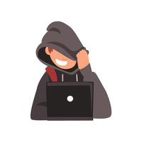 Hacker Hiding his Face Under Hood Trying to Cyber Attack Using Laptop, Internet Crime, Computer Security Technology Cartoon Illustration vector
