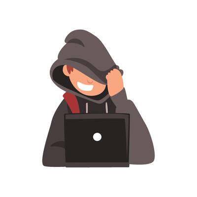 Hacker Hiding his Face Under Hood Trying to Cyber Attack Using Laptop, Internet Crime, Computer Security Technology Cartoon Illustration