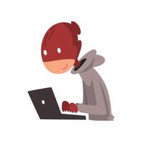 Hacker in Disguise Working on Laptop, Internet Crime, Computer Security Technology Cartoon Illustration vector