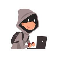 Hacker in Hoodie and Black Mask Stealing Information Using Laptop, Internet Crime, Computer Security Technology Cartoon Illustration vector
