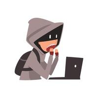 Hacker in Hoodie and Mask Trying to Cyber Attack Using Laptop, Internet Crime, Computer Security Technology Cartoon Illustration vector