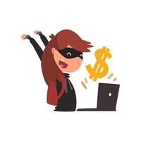 Female Hacker in Black Mask Stealing Money Using Laptop, Internet Crime, Computer Security Technology Cartoon Illustration vector