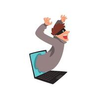 Hacker in Mask Getting Out of Laptop Screen, Internet Crime, Computer Security Technology Cartoon Illustration vector
