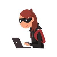 Female Hacker in Black Mask Stealing Information From Laptop, Internet Crime, Computer Security Technology Cartoon Illustration vector