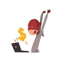 Hacker in Mask Stealing Money Using Laptop, Internet Crime, Computer Security Technology Cartoon Illustration vector