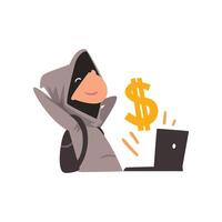 Hacker in Black Mask Stealing Money Using Laptop, Internet Crime, Computer Security Technology Cartoon Illustration vector