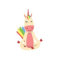 Funny Unicorn Meditating in Lotus Position, Fantasy Beautiful Horse Character with Rainbow Mane and Tail Practicing Yoga Exercise Illustration vector