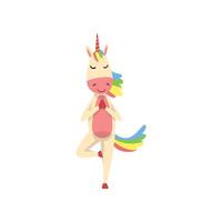 Funny Unicorn Meditating in Tree Position, Fantasy Beautiful Horse Character with Rainbow Mane and Tail Practicing Yoga Exercise Illustration vector