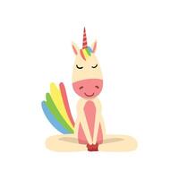 Funny Unicorn Meditating, Fantasy Beautiful Horse Character with Rainbow Mane and Tail Practicing Yoga Exercise Illustration vector