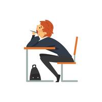 Bored Student Sitting and Yawning at Desk in Classroom, Side View, Schoolboy in Uniform Studying at School, College Illustration vector