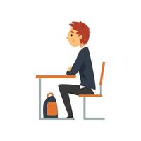 Diligent Student Sitting at Desk in Classroom, Side View, Schoolboy in Uniform Studying at School, College Illustration vector