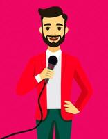 A man in a red jacket is holding a microphone vector