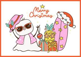 Group of Cute Groovy Christmas Summer Beach Snowman melted and surfboard idea for greeting card and banner vector