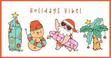 Group of Cute Groovy Christmas Summer Beach Santa and Sandman idea for greeting card and banner vector