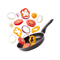 Fry pan with floating vegetable slices on transparent background png