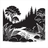 Forest River Scene Silhouettes with Trees and Water vector