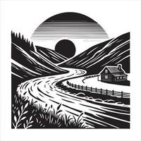 Silhouettes of Forest and River at Sunset vector