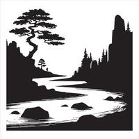River and Forest Scene in Elegant Silhouette Design vector