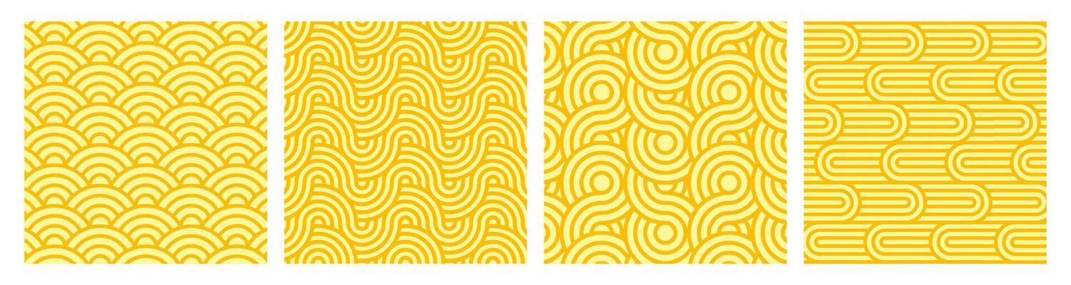 set of yellow ramen noodle pattern backgrounds. Seamless spaghetti, pasta or oriental asian food texture with wave lines geometric ornaments. Posters with italian meal with curve repeat stripes