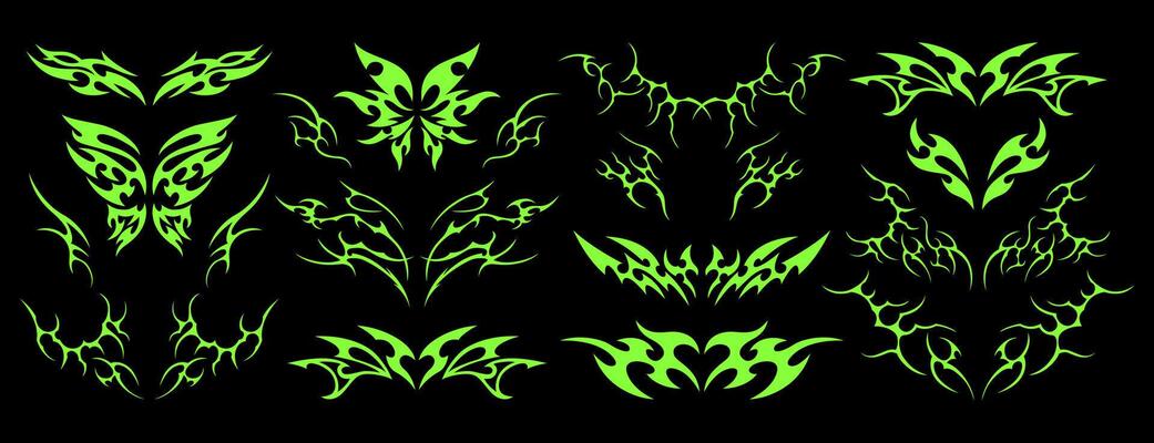 Acid neo tribal y2k goth tattoo with heart, butterfly, womb, symmetrical shapes and gothic art elements. Set of cybersigilism stickers, futuristic trendy grunge ornaments or hand drawn neotribal icons