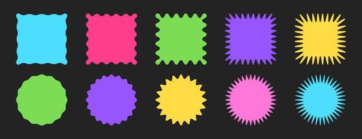 Jagged geometric square and circle shapes in bright colors. Scallop frames, wiggly borders or curvy box elements with zigzag wavy edges. Starburst sale price stickers, serrated labels, sunburst badges vector