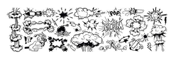 Doodle hand drawn explosions with boom crash smoke effect. Comic book fire mushroom cloud explodes, atomic bomb sound with nuclear weapon, bullet, dynamite icon. Speech bubbles with words pop, blam, vector
