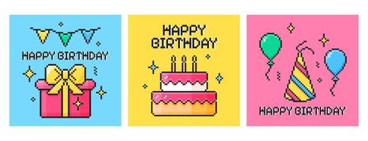 Set of pixel art happy birthday square cards. Y2k pixelated posters with present gift box, party hat and flags, balloons and cake with candles. Bday elements and celebration text in 8bit retro style vector