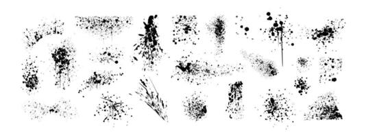 Spray paint drips, ink blots or splatters set. Black splashes, graffiti speckles and inkblot spots with dust effect. Paintbrush splotch, inky drops or liquid blobs. Abstract dirty grunge splash stains vector