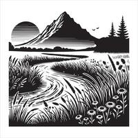 Majestic Forest and Mountain Silhouette Art Design with river vector