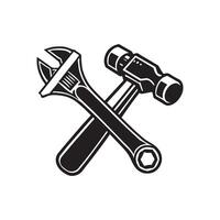 A black and white image of a wrench and hammer vector