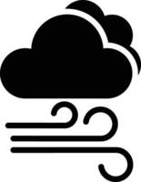 A black and white icon of a cloud with a wind vector