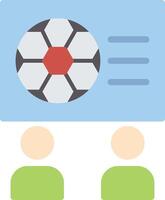 A soccer ball and two people are shown in a flat icon vector