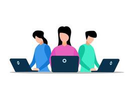 three people sitting at a table with laptops vector