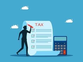 businessman with calculator and tax checklist on blue background vector