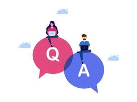 two people sitting on a pair of speech bubbles with the words qa and qa vector